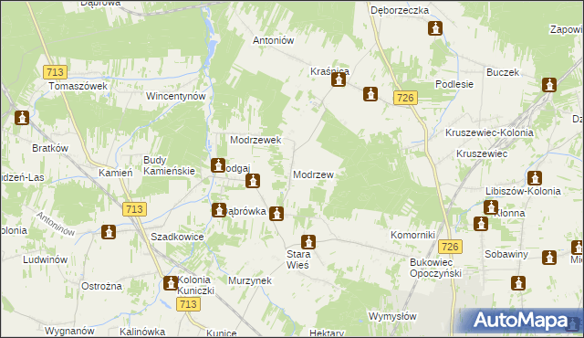 mapa Modrzew gmina Opoczno, Modrzew gmina Opoczno na mapie Targeo