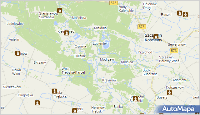 mapa Modrzew gmina Szczawin Kościelny, Modrzew gmina Szczawin Kościelny na mapie Targeo