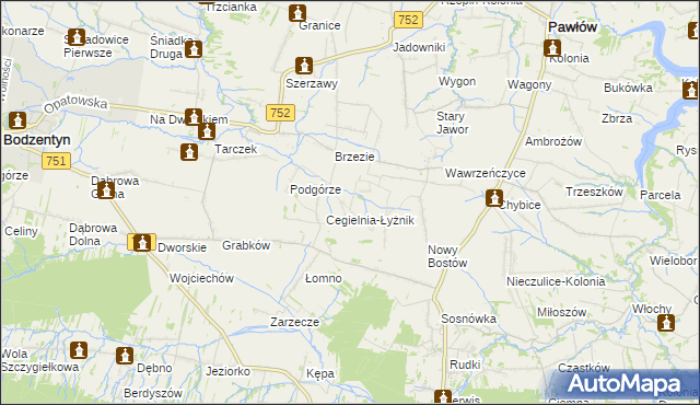 mapa Modrzewie gmina Pawłów, Modrzewie gmina Pawłów na mapie Targeo