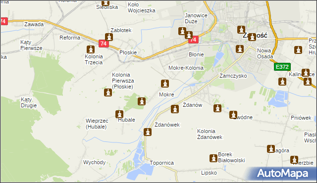 mapa Mokre gmina Zamość, Mokre gmina Zamość na mapie Targeo