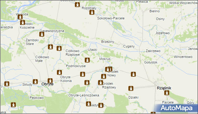 mapa Mokrus gmina Obryte, Mokrus gmina Obryte na mapie Targeo