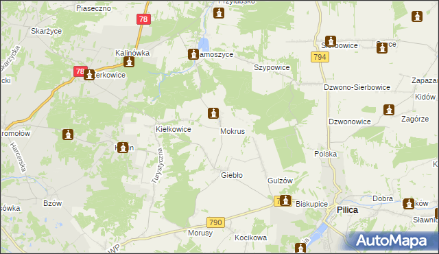 mapa Mokrus gmina Ogrodzieniec, Mokrus gmina Ogrodzieniec na mapie Targeo