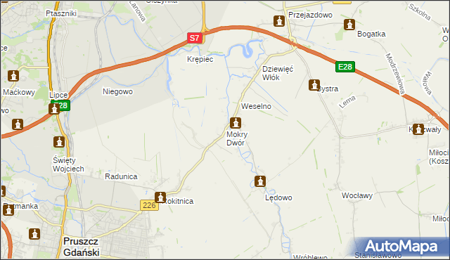 mapa Mokry Dwór gmina Pruszcz Gdański, Mokry Dwór gmina Pruszcz Gdański na mapie Targeo