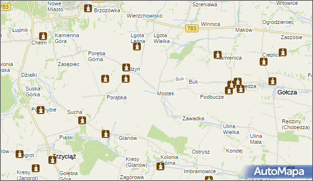 mapa Mostek gmina Gołcza, Mostek gmina Gołcza na mapie Targeo