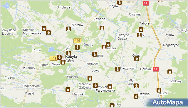 mapa Mostki gmina Kobyla Góra, Mostki gmina Kobyla Góra na mapie Targeo