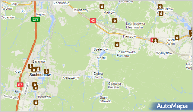 mapa Mostki gmina Suchedniów, Mostki gmina Suchedniów na mapie Targeo
