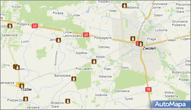 mapa Mostki gmina Zwoleń, Mostki gmina Zwoleń na mapie Targeo