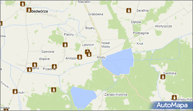 mapa Mosty gmina Podedwórze, Mosty gmina Podedwórze na mapie Targeo