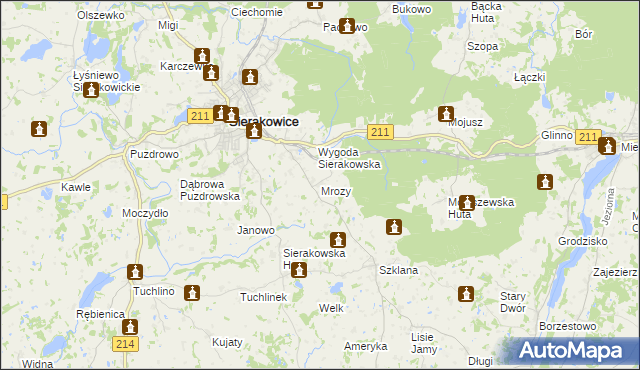 mapa Mrozy gmina Sierakowice, Mrozy gmina Sierakowice na mapie Targeo