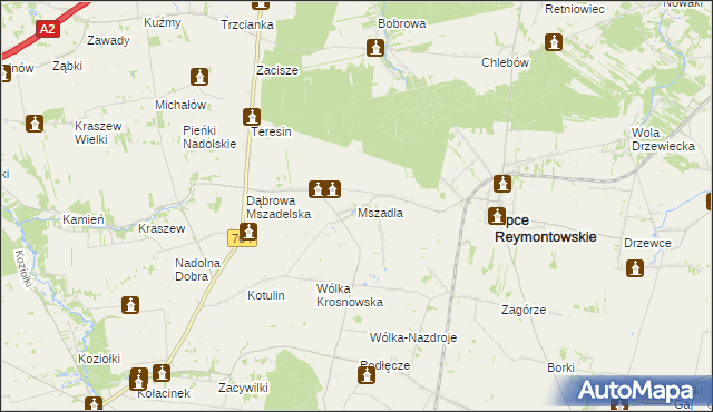 mapa Mszadla gmina Lipce Reymontowskie, Mszadla gmina Lipce Reymontowskie na mapie Targeo