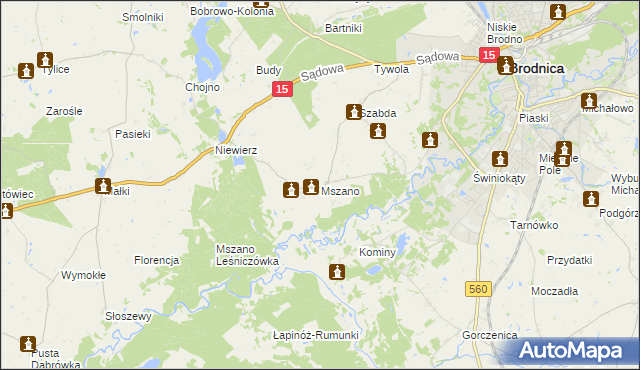 mapa Mszano gmina Brodnica, Mszano gmina Brodnica na mapie Targeo