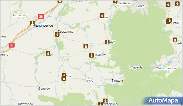 mapa Mysłaków gmina Marcinowice, Mysłaków gmina Marcinowice na mapie Targeo