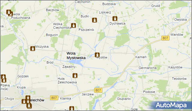 mapa Mysłów gmina Wola Mysłowska, Mysłów gmina Wola Mysłowska na mapie Targeo
