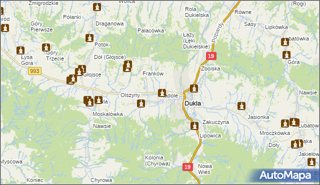 mapa Nadole gmina Dukla, Nadole gmina Dukla na mapie Targeo