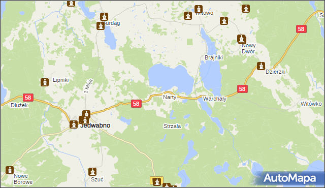 mapa Narty gmina Jedwabno, Narty gmina Jedwabno na mapie Targeo