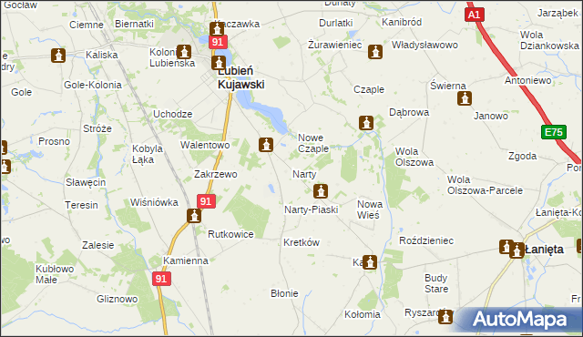 mapa Narty gmina Lubień Kujawski, Narty gmina Lubień Kujawski na mapie Targeo