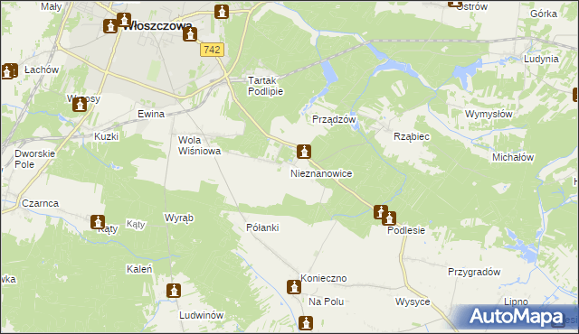 mapa Nieznanowice gmina Włoszczowa, Nieznanowice gmina Włoszczowa na mapie Targeo