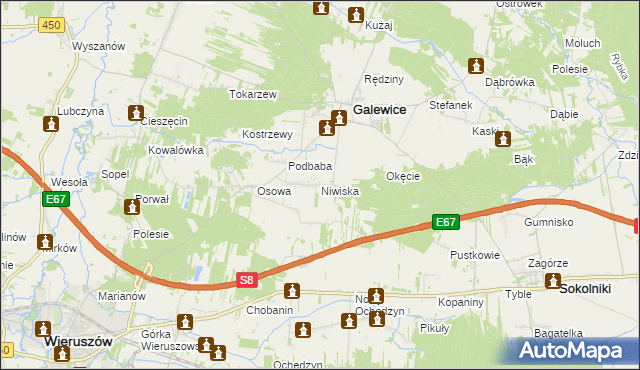 mapa Niwiska gmina Galewice, Niwiska gmina Galewice na mapie Targeo