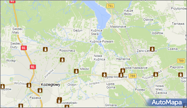 mapa Nowa Kuźnica gmina Koziegłowy, Nowa Kuźnica gmina Koziegłowy na mapie Targeo