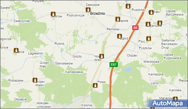 mapa Nowa Wieś gmina Brzeźnio, Nowa Wieś gmina Brzeźnio na mapie Targeo