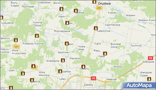 mapa Nowa Wieś gmina Drużbice, Nowa Wieś gmina Drużbice na mapie Targeo