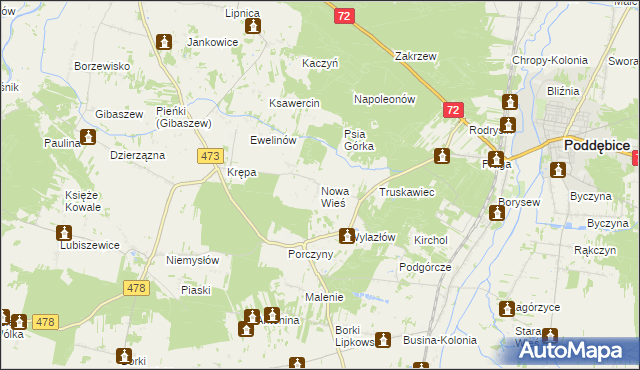 mapa Nowa Wieś gmina Poddębice, Nowa Wieś gmina Poddębice na mapie Targeo