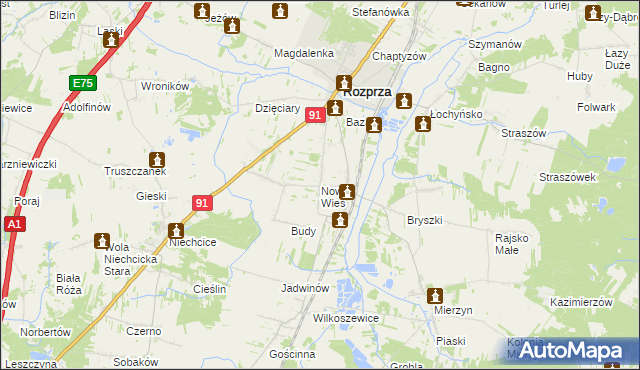 mapa Nowa Wieś gmina Rozprza, Nowa Wieś gmina Rozprza na mapie Targeo