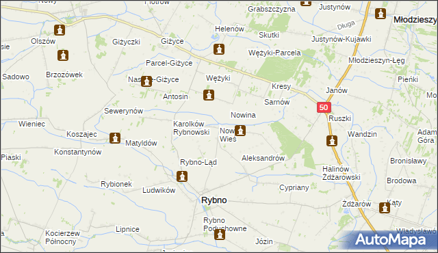 mapa Nowa Wieś gmina Rybno, Nowa Wieś gmina Rybno na mapie Targeo