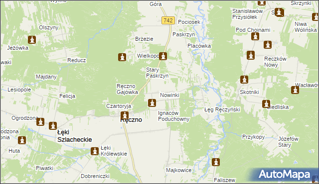 mapa Nowinki gmina Ręczno, Nowinki gmina Ręczno na mapie Targeo