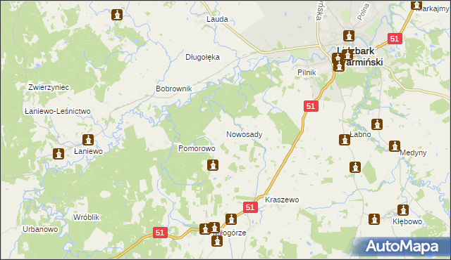 mapa Nowosady gmina Lidzbark Warmiński, Nowosady gmina Lidzbark Warmiński na mapie Targeo