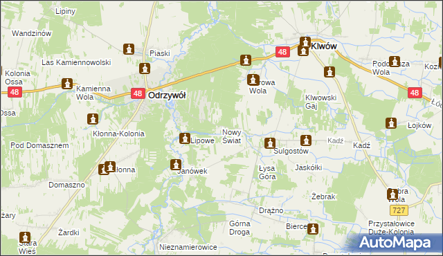 mapa Nowy Świat gmina Klwów, Nowy Świat gmina Klwów na mapie Targeo