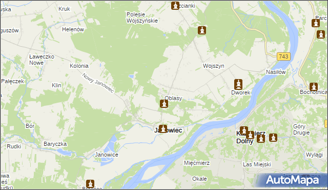 mapa Oblasy gmina Janowiec, Oblasy gmina Janowiec na mapie Targeo