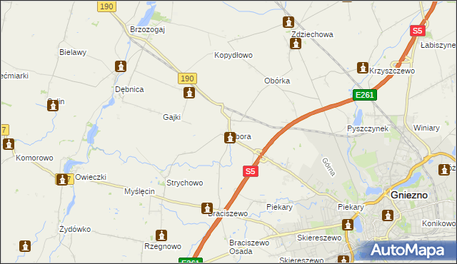 mapa Obora gmina Gniezno, Obora gmina Gniezno na mapie Targeo