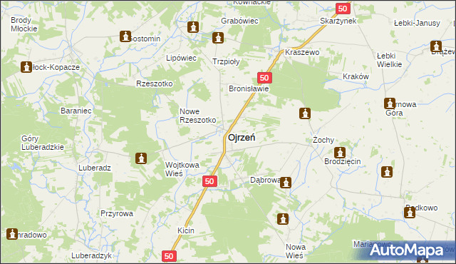 mapa Ojrzeń powiat ciechanowski, Ojrzeń powiat ciechanowski na mapie Targeo