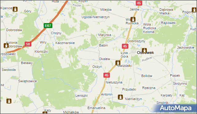 mapa Okalew gmina Ostrówek, Okalew gmina Ostrówek na mapie Targeo