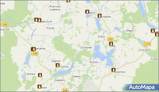 mapa Olchowiec gmina Drawsko Pomorskie, Olchowiec gmina Drawsko Pomorskie na mapie Targeo