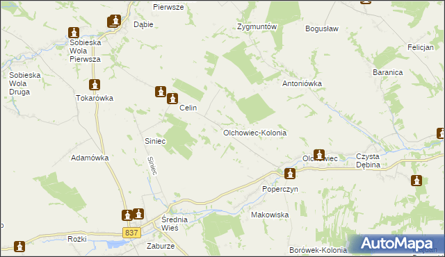 mapa Olchowiec-Kolonia gmina Żółkiewka, Olchowiec-Kolonia gmina Żółkiewka na mapie Targeo