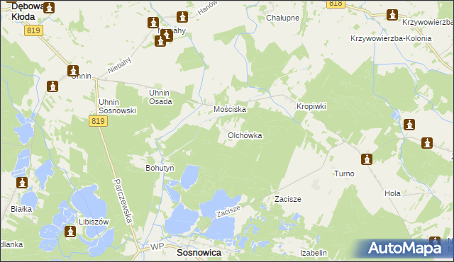 mapa Olchówka gmina Sosnowica, Olchówka gmina Sosnowica na mapie Targeo