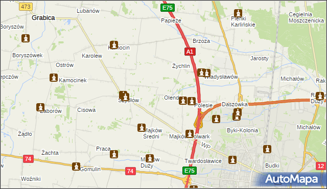 mapa Olendry gmina Grabica, Olendry gmina Grabica na mapie Targeo