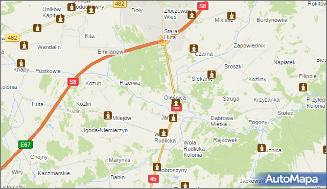 mapa Oleśnica gmina Ostrówek, Oleśnica gmina Ostrówek na mapie Targeo