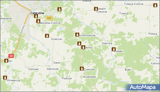 mapa Olszanka gmina Zabłudów, Olszanka gmina Zabłudów na mapie Targeo