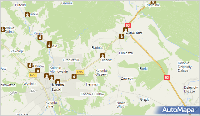 mapa Olszew gmina Ceranów, Olszew gmina Ceranów na mapie Targeo