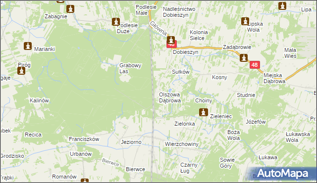 mapa Olszowa Dąbrowa, Olszowa Dąbrowa na mapie Targeo