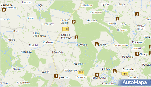 mapa Olszówka gmina Łopuszno, Olszówka gmina Łopuszno na mapie Targeo