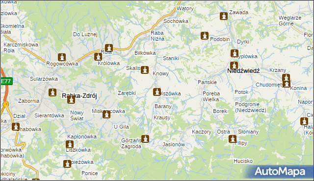 mapa Olszówka gmina Mszana Dolna, Olszówka gmina Mszana Dolna na mapie Targeo