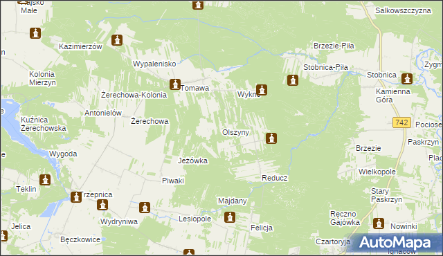 mapa Olszyny gmina Łęki Szlacheckie, Olszyny gmina Łęki Szlacheckie na mapie Targeo