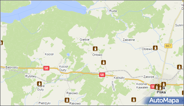 mapa Orłowo gmina Biała Piska, Orłowo gmina Biała Piska na mapie Targeo