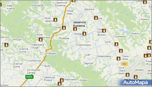 mapa Orzechówka gmina Jasienica Rosielna, Orzechówka gmina Jasienica Rosielna na mapie Targeo