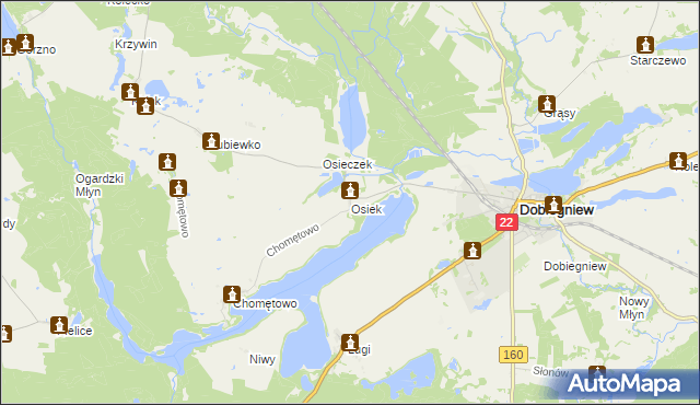 mapa Osiek gmina Dobiegniew, Osiek gmina Dobiegniew na mapie Targeo