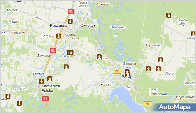 mapa Osiny gmina Kamienica Polska, Osiny gmina Kamienica Polska na mapie Targeo